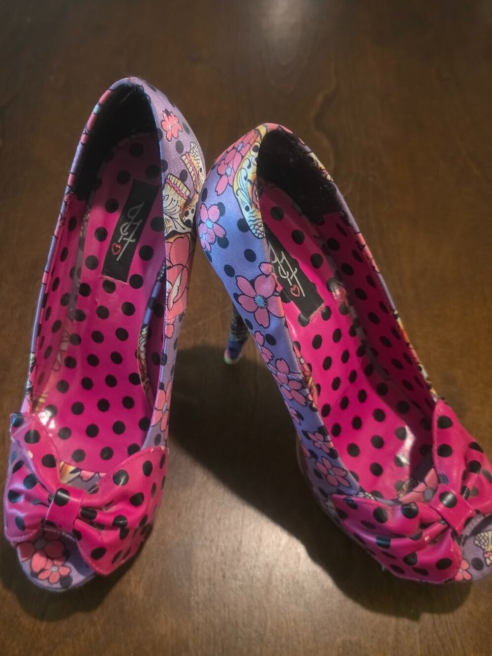 Iron Fist Pink & Purple Polka‑Dot Floral Heels Bow Front Rare Print Size 9